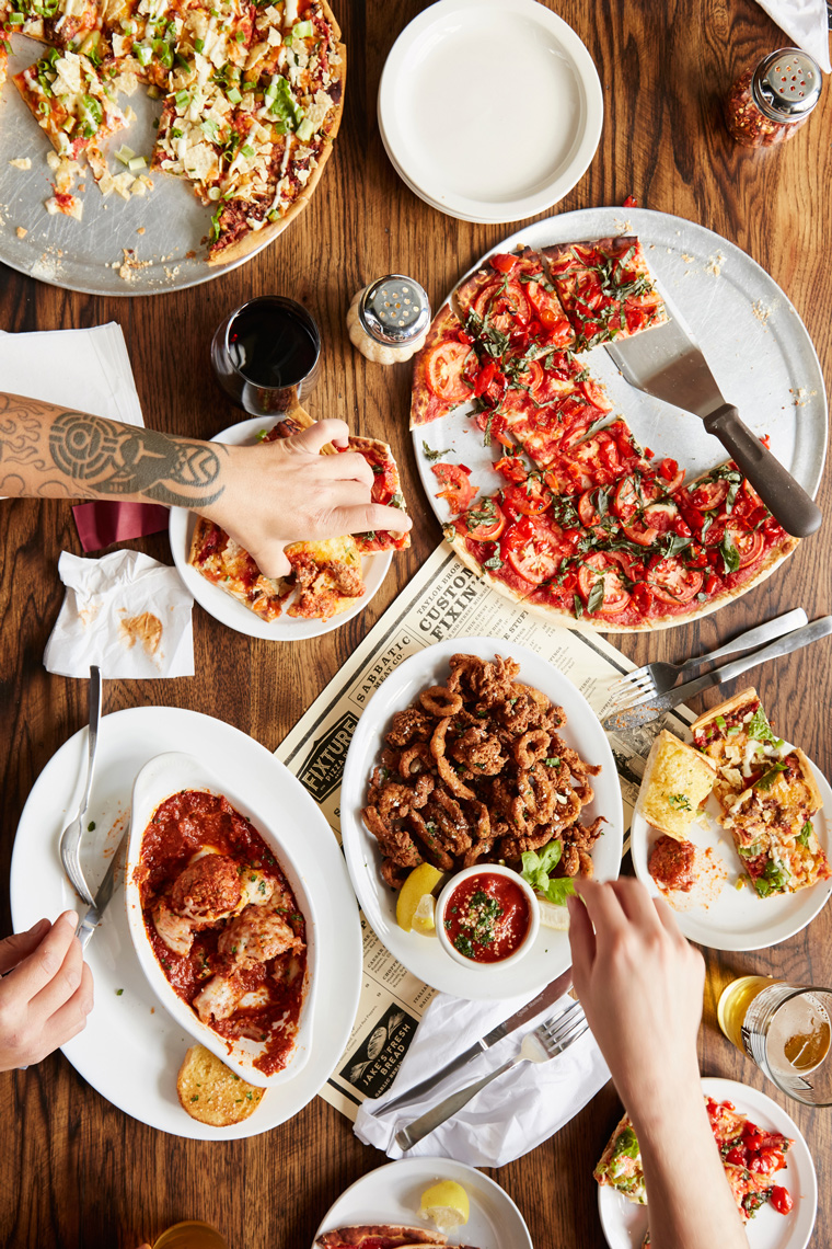 Pizza, meatballs and fried calamari photo by Chris Kessler Photography.  Chris Kessler is a freelance Photographer based in Milwaukee Wisconsin. Specializing in Food photography and portraiture.